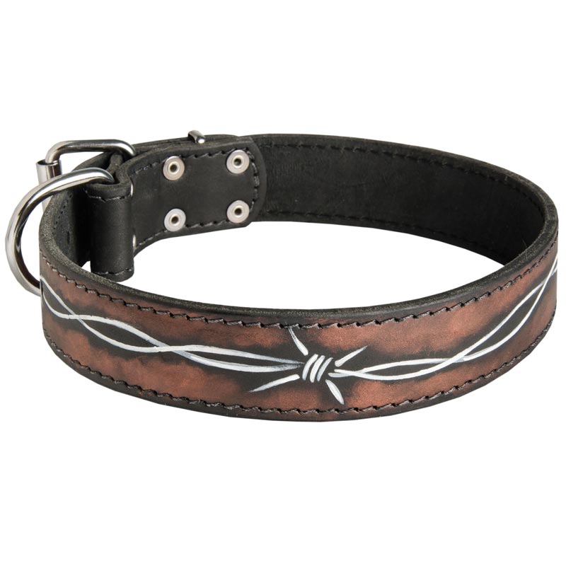 Handpainted Leather Collie Collar with Barbed Wire Drawing