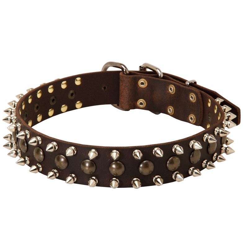 3 Rows Leather Spiked and Studded Collie Collar